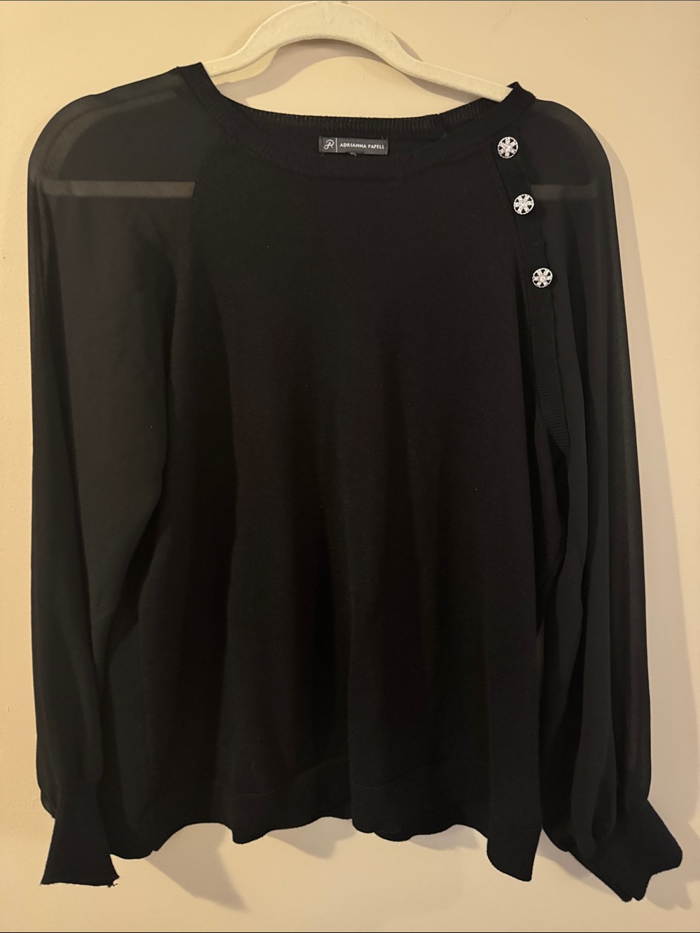 Adrianna Papell Black Crewneck Sweater with Button-Accent Shoulder